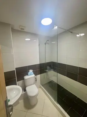 a bathroom with a toilet and a shower and a sink at Appartement lumineux a belvedere in Casablanca