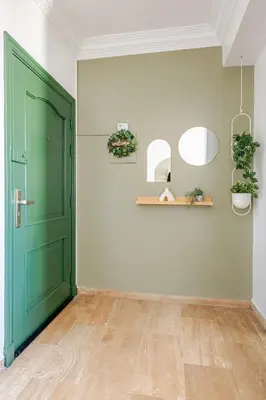 an empty room with a green door and plants at Modern, 1 BDR, AC, Parking, Elevator, Fiber Optic - Agdal in Rabat