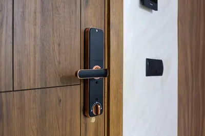 a close up of a wooden door with a handle at Magnificent apartment 2 in Casablanca