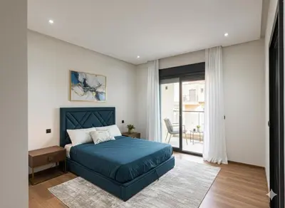 a bedroom with a blue bed and a window at Grande villa sécurisée piscine privée in Dar Bouazza