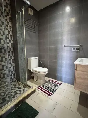 a bathroom with a toilet and a shower and a sink at Luxury apartments in Mansouria