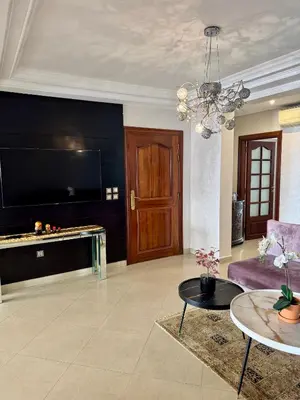 a living room with a couch and a tv at Spacious athène apartment in Maarif