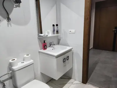a white bathroom with a toilet and a sink at Studio luxueux in Roches Noires