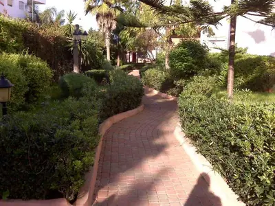 a brick walkway with trees and a person walking down it at Venezia apartment with 2 Large Bedrooms 3 Beds in Mohammedia