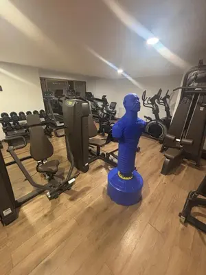a gym with a blue figurine in front of weights at Appartement 1 chambre à rabat imkan in Rabat