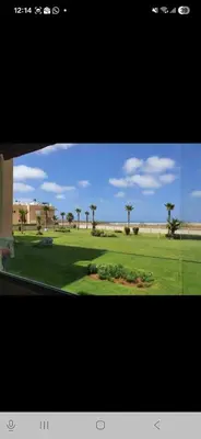 a window view of a park with palm trees in a field at Appartement en front de mer in Sidi el Haj Bou Derbala