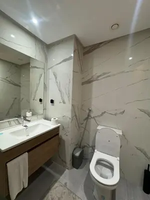 a bathroom with a sink and a toilet and a mirror at Agdal Gare View Apartment in Rabat