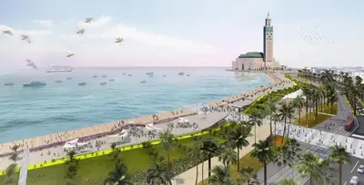 a rendering of a beach with a lighthouse and the ocean at Cozy apt in Bourgogne - Ain Diab Coast in Casablanca