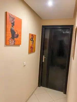 a hallway with a black door and pictures on the wall at Appartement Clémentine C in Les Camps