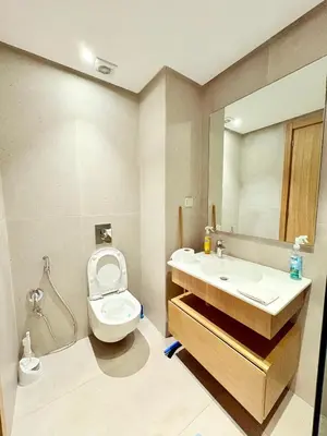 a bathroom with a toilet and a sink and a mirror at Havre de paix chic avec terrasse Maarif Palmier Casablanca in Maarif