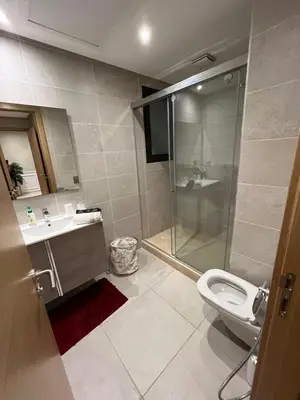 a bathroom with a shower and a toilet and a sink at Appartement convivial in Rabat
