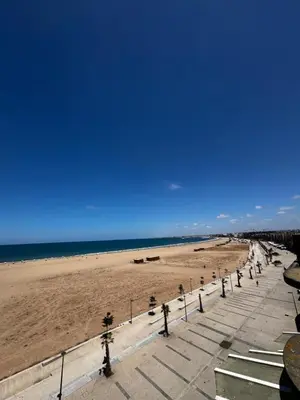 a beach with a row of palm trees and the ocean at Chambre Cosy - Accès Côte et Plage Mohammedia, Centre-Ville Mohammedia à Pied - Résidence 3 Mars in Mohammedia