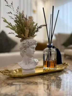 a statue of a bust on a gold tray with a vase at Cosy and charming studio - parking & Terasse in Maarif