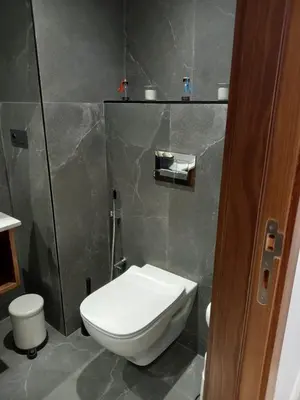 a bathroom with a white toilet and a gray wall at Elegance Comfort Terrace in the heart of Princesses in Maarif