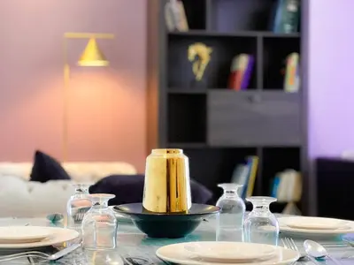 a table with a banana on top of it at Appartment 2 BR de luxe in Rabat