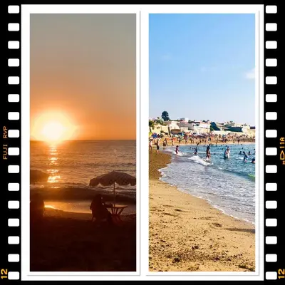 two pictures of people on the beach at sunset at Un Havre de paix a Ricoflores in Mohammedia