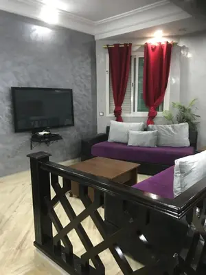 a living room with purple couches and a tv at Casablanca centre ville in Casablanca