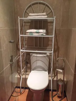 a bathroom with a white toilet and a towel rack at Bouznika Charly's in Bouznika