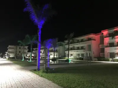 a palm tree in front of a building at night at Marbella Beach location pour famille 2 chambres in Mansouria