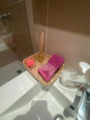 a tray sitting on top of a bathroom sink at Luxury résidence Taj Nouaceur in Nouaseur