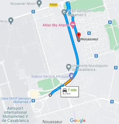 a map of a subway line with a red marker at Airport to Comme à la maison 1 in Nouaseur