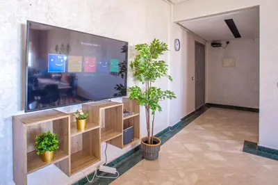 a living room with a large screen tv and plants at Mosquee & Sea View Casablanca in Casablanca