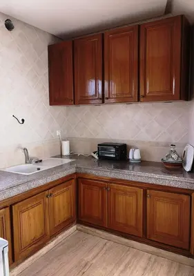 a kitchen with wooden cabinets and a sink at LAU 09 Studio Terrasse in Rabat