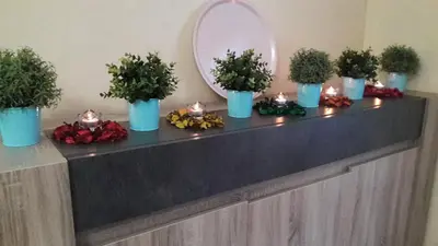 a counter with potted plants on it with a mirror at Apartment with Terrace in Casablanca