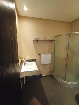 a bathroom with a sink and a shower at Appartement Familial avec Jardin, Résidence avec Piscine Dar El Bahr in Sidi Rahal