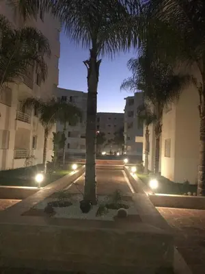 a palm tree in front of a building with lights at Le chant de la rivière BOUZNIKA in Bouznika