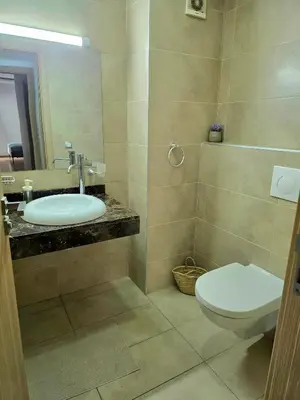 a bathroom with a sink and a toilet and a mirror at Joli appartement Mohammédia in Mohammedia