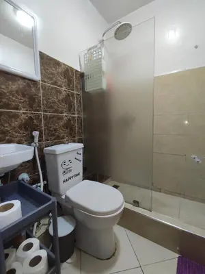 a bathroom with a toilet and a shower and a sink at Spacious 2BR Ground-Floor Apartment Parking & Free Wi-Fi in Casablanca