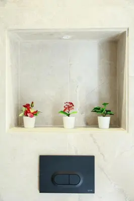three potted plants sitting on a shelf above a clock at #13 Fresh Appart in new residence in Casablanca