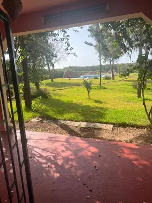 a view of a field of grass from a window at Atlantic Vacation villa in Dar Oulad Hajj Kassem