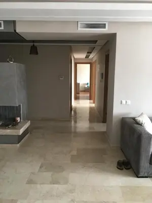 a living room with a couch and a fireplace at LUXURY 3 bedroom apartment with pool, Nouaceur, Morocco in Derroua