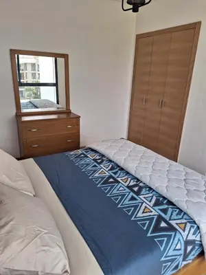 a bedroom with a bed and a dresser and a mirror at Apartment place italie in Rabat