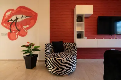a living room with a zebra chair and a television at La cascade de Maryline in Casablanca