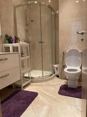 a bathroom with a shower and a toilet and rug at The garden corner in Bouznika