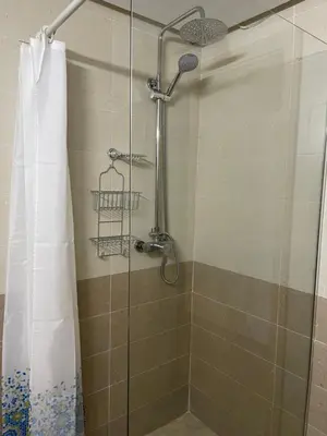 a shower with a glass door and a shower curtain at High Standing & cozy apartment in central Casablanca in Casablanca