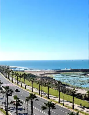 a road with palm trees next to the beach at Apartement sur la corniche, vue sur mer in Rabat