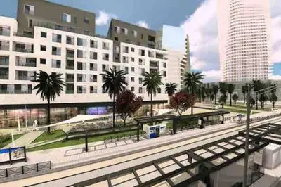 a rendering of a train station with palm trees and buildings at Faubourgs D Anfa Suite - By AppartAli in Casablanca