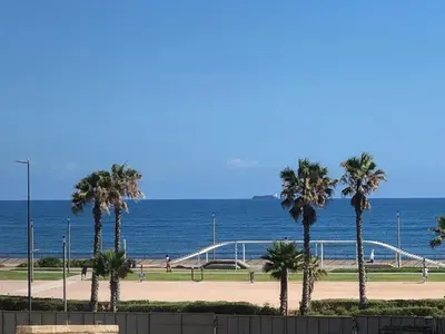 a group of palm trees in front of the ocean at Appartement de Charme Avec Vue Sur Mer in Casablanca