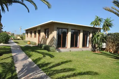 a building with windows on a lawn with palm trees at Gite Nadia in Casablanca