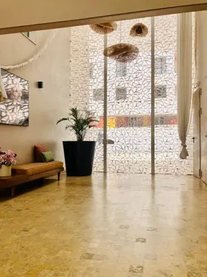 a living room with a potted plant and a large window at Casablanca Appartement haut standing CFC in Casablanca