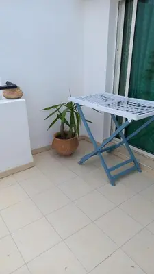 a blue table with a plant next to a window at harmony house 2 in Rabat